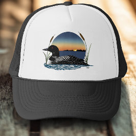 Gorra De Camionero Atardecer Sereno del Somorgujo Común en Lago de Vi
