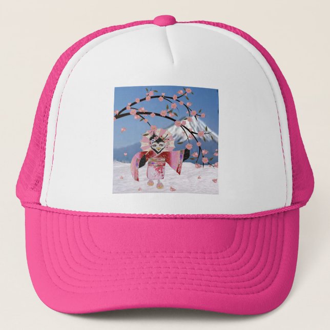 Gorra De Camionero Ave Sakura Geisha en flores de cerezo de nieve (Anverso)