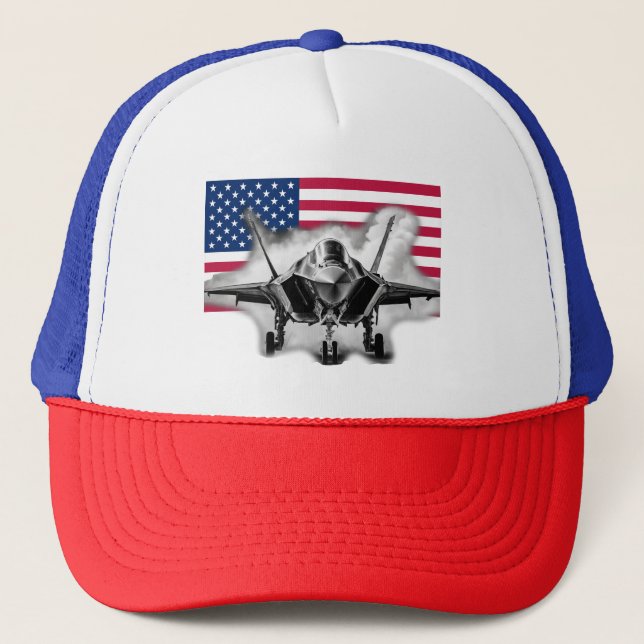 Gorra De Camionero Avión de combate F-35 con fondo de bandera estadou (Anverso)