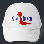 Gorra De Camionero Azul blanco rojo del viaje de CA de la playa del<br><div class="desc">¡Gorra promocional del camionero para la playa del sello,  California!    ¡Goce de la playa del sello,  disfrute de la vida,  y de las gracias por parar cerca!</div>