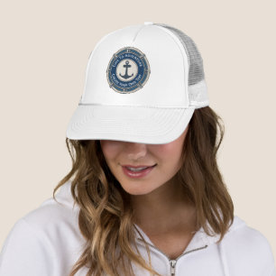 Gorra De Camionero Azul Marino y Beige Redondo con Brújula Costera