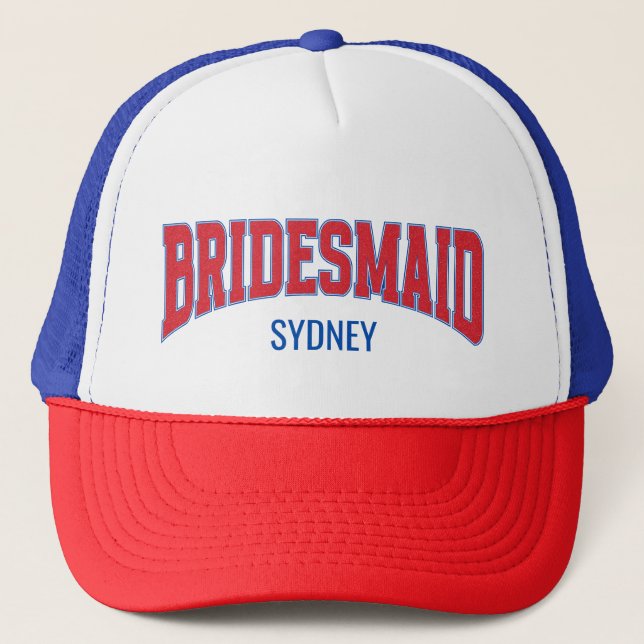 Gorra De Camionero Azul + Rojo Bridesmaid Bachelorette con Purpurina  (Anverso)