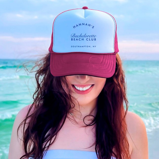 Gorra De Camionero Bachelorette rosa y marina retro moderna (Retro Modern Pink & Navy Bachelorette Trucker Hat)