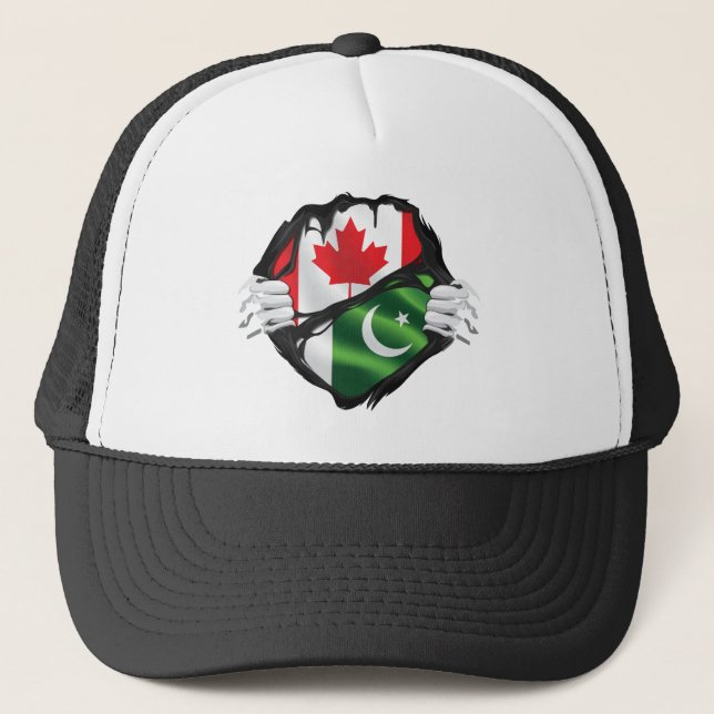 Gorra De Camionero Bandera de raíces paquistaní-canadiense arrancada  (Anverso)