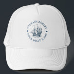 Gorra De Camionero Barco náutico blanco y azul de la marina<br><div class="desc">Elegante ilustracion náutico de color azul marino y blanco con texto de personalizable.</div>