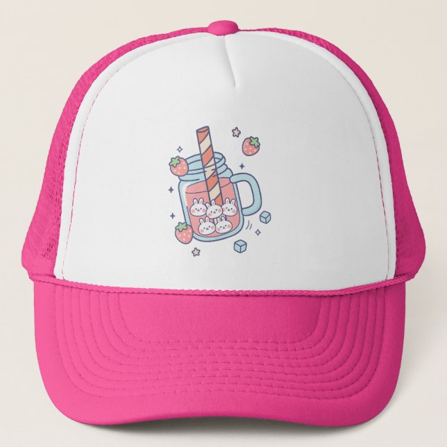 Gorra De Camionero Bebida de fresa Kawaii Bunny (Anverso)