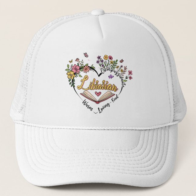 Gorra De Camionero Bibliotecario compasivo - Diseño de Corazón Floral (Anverso)