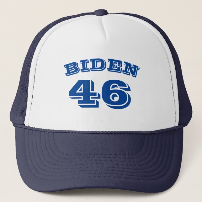 Gorra De Camionero Biden 46 letras azules curvadas blancas (Anverso)