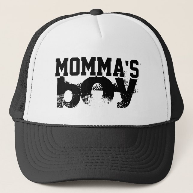 Gorra De Camionero black and white grunge MOMMA'S BOY lettering | (Anverso)