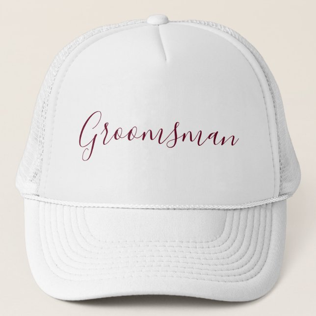 Gorra De Camionero Blanco groomman con fuente de Borgoña (Anverso)