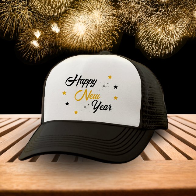 Gorra De Camionero Blanco Negro y Oro Feliz Año Nuevo (White Black & Gold Happy New Year Trucker Hat)