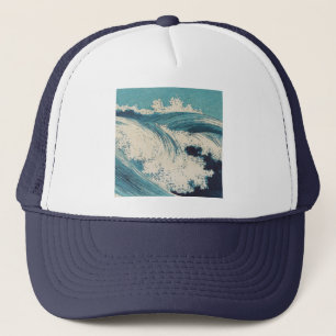 Gorra De Camionero Blue Ocean Waves Woodcut Japonés