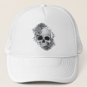 Gorra De Camionero Boceto de Calavera y Rosas