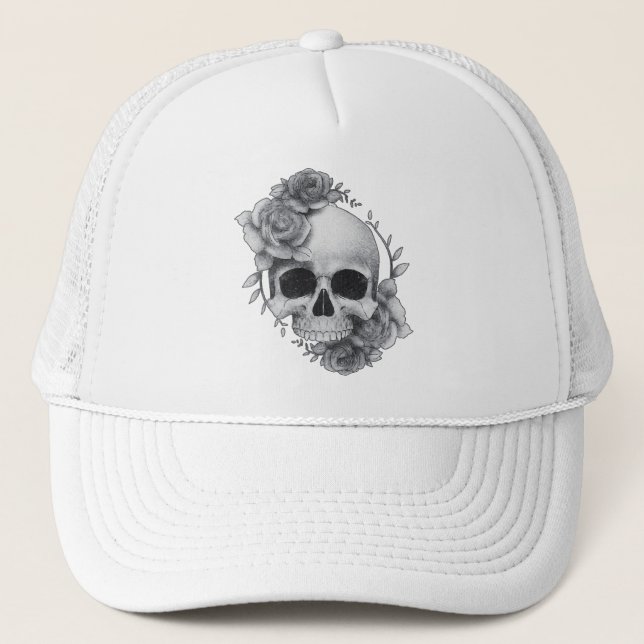 Gorra De Camionero Boceto de Calavera y Rosas (Anverso)