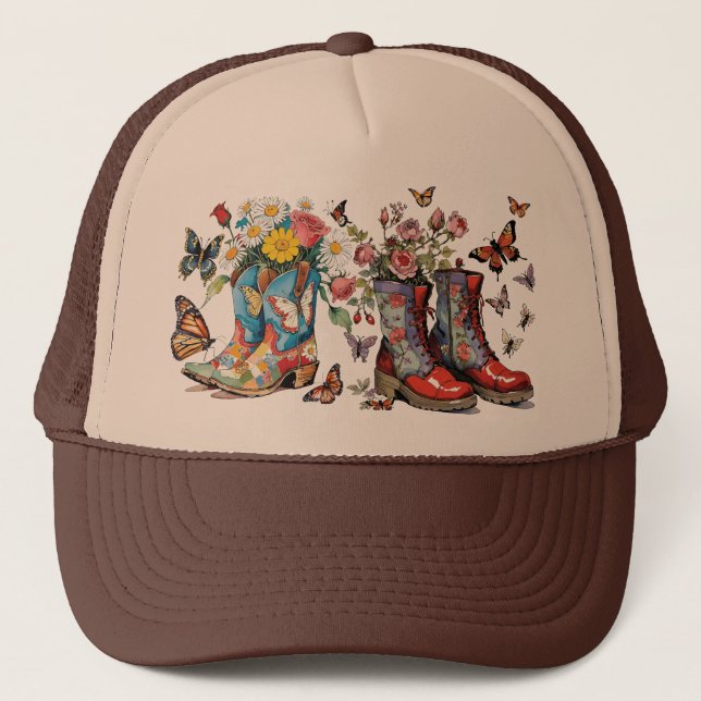 Gorra De Camionero Boots con Rosas Daisies y mariposas (Anverso)