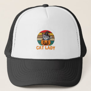 Gorra De Camionero Bruja Señora Gato Halloween Calabaza Diseño Retro
