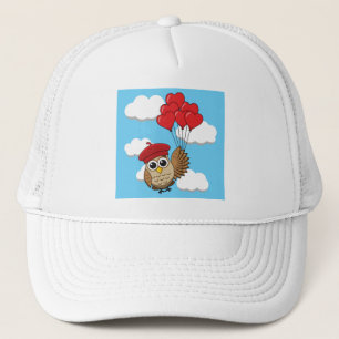 Gorra De Camionero Búho lindo volando con globos cardíacos