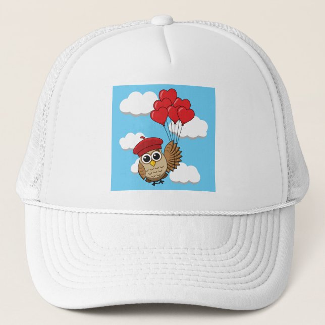Gorra De Camionero Búho lindo volando con globos cardíacos (Anverso)