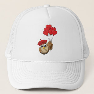 Gorra De Camionero Búho lindo volando con globos cardíacos