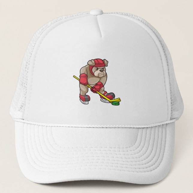 Gorra De Camionero Bulldog en hockey sobre hielo con bastón de hockey (Anverso)