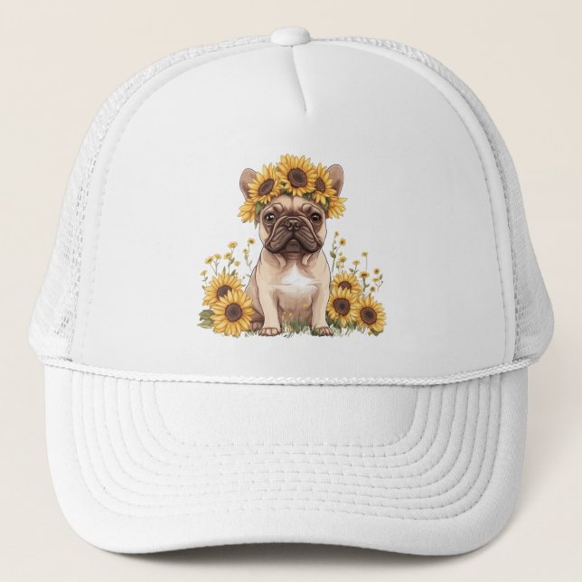 Gorra De Camionero Bulldog francés rodeado de girasoles (Anverso)
