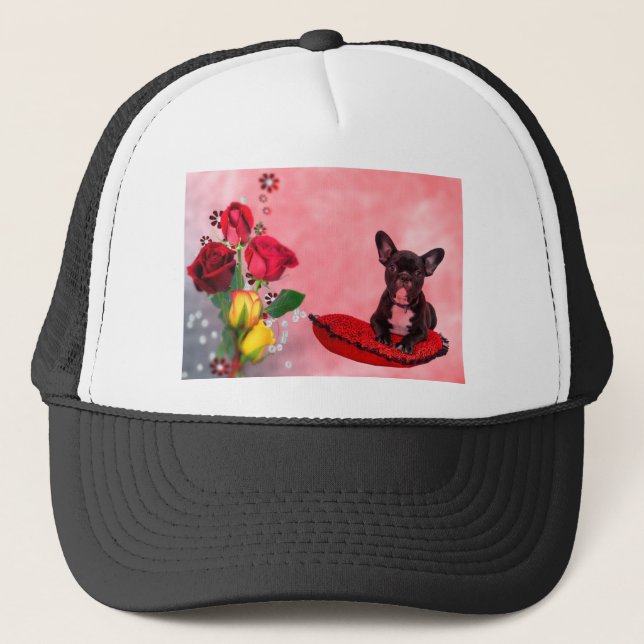 Gorra De Camionero Bulldog francés sentado sobre almohada cardíaca y 