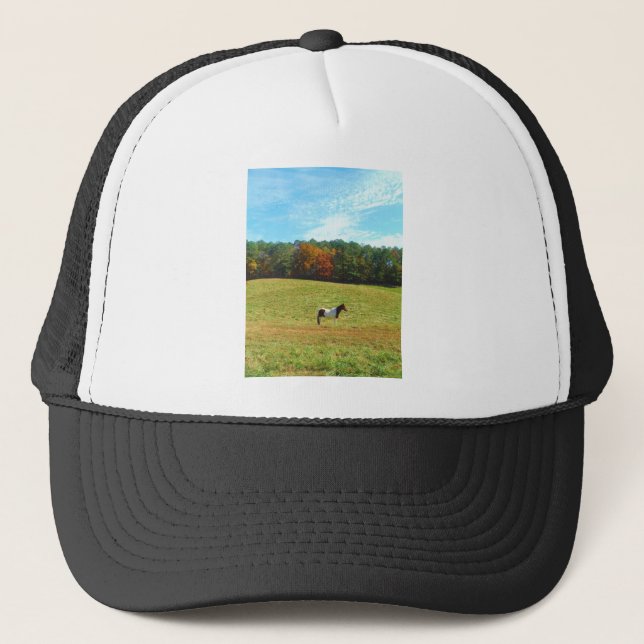 Gorra De Camionero Caballo marrón y blanco, árboles de otoño, cielo a (Anverso)
