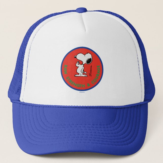 Gorra De Camionero Cacahuetes | Snoopy Raw Strength & Courage Badge (Anverso)