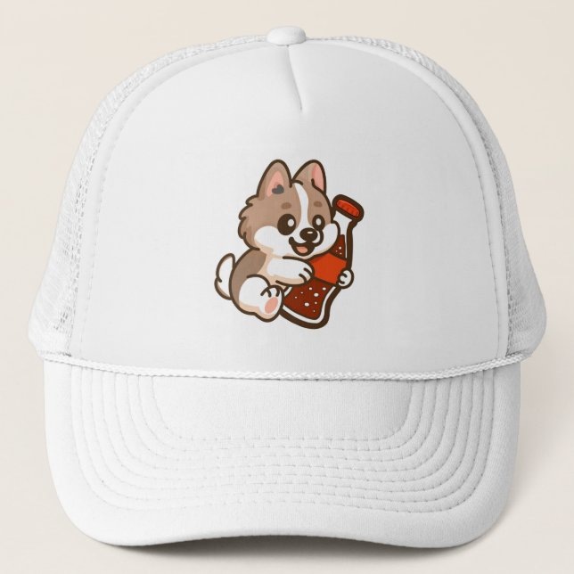 Gorra De Camionero Cachorro Adorable Abrazando Botella de Refresco (Anverso)