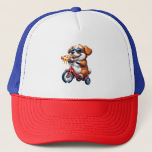 Gorra De Camionero cachorro montando una bicicleta comiendo pizza