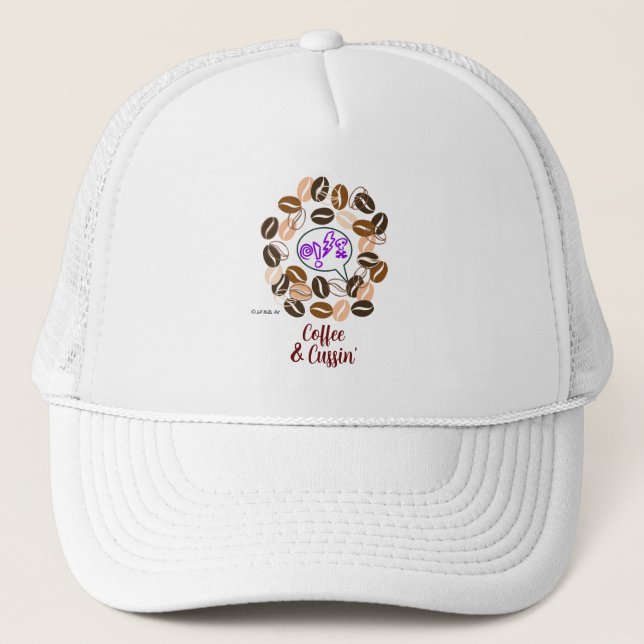 Gorra De Camionero CAFÉ y CUSSIN' de Jeff Willis Art (Anverso)