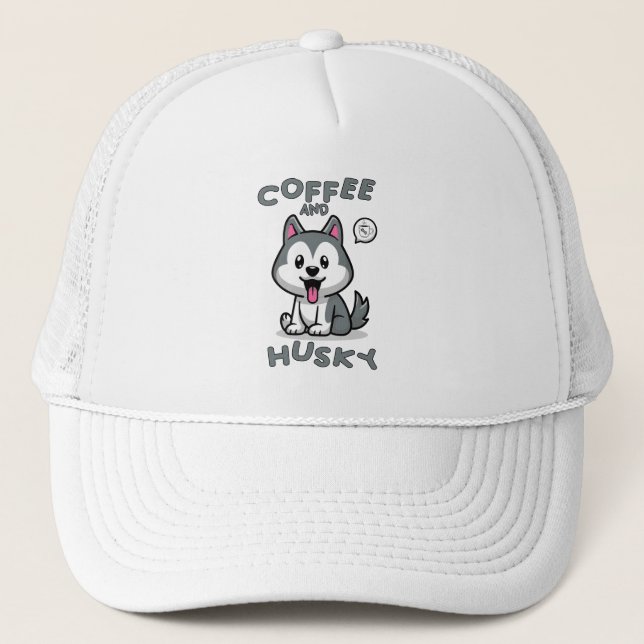 Gorra De Camionero Café Y Huskies - Divertido Perro Husky Siberiano (Anverso)