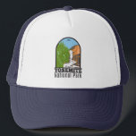 Gorra De Camionero Caída vernal del Parque Nacional Yosemite Californ<br><div class="desc">Diseño artístico vectorial yosemite. El parque es famoso por sus secuoyas gigantes y antiguas,  y por sus vistas al túnel,  la icónica vista de la gran caída de Bridalveil y los acantilados de granito de El Capitan y Media Cúpula.</div>