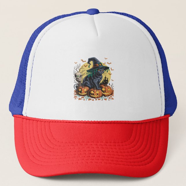 Gorra De Camionero Calabaza de Halloween de bruja de gato negro sobre (Anverso)