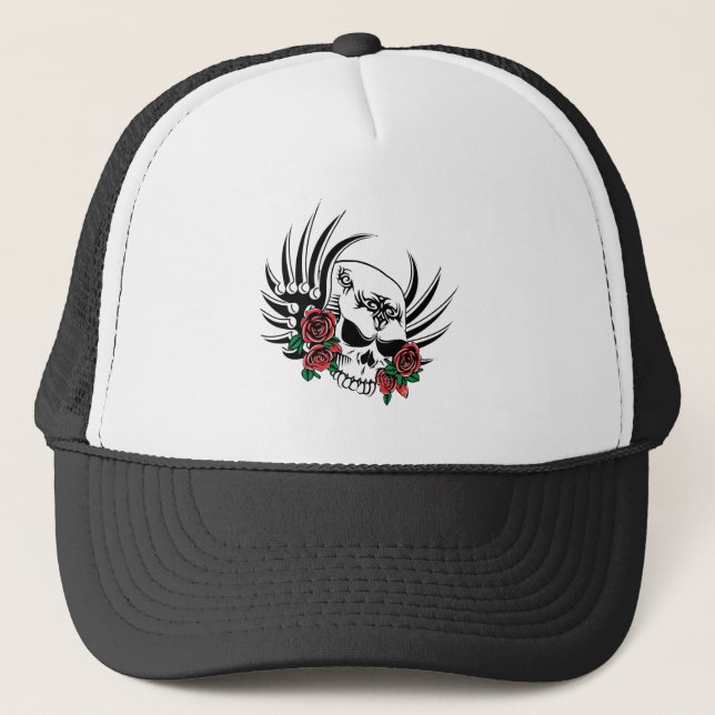 Gorra De Camionero Calavera tribal con Rosas (Anverso)