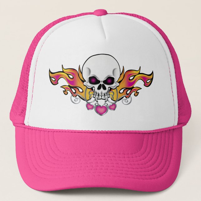 Gorra De Camionero Calavera y corazones inflamables (Anverso)