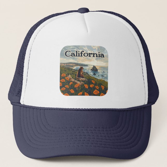 Gorra De Camionero California Bear Poppies Flowers Coast Retro (Anverso)