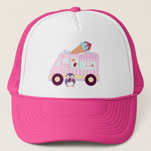 Gorra De Camionero Camión De Helado De Conejo Azul Y Rosa Cute Conejo (Anverso)
