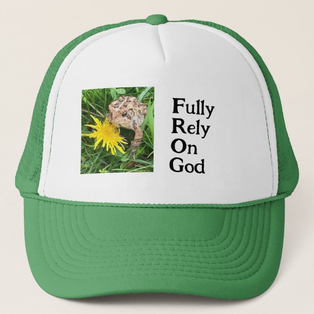 Gorra De Camionero Camionero FROG que confía completamente en Dios. (Anverso)
