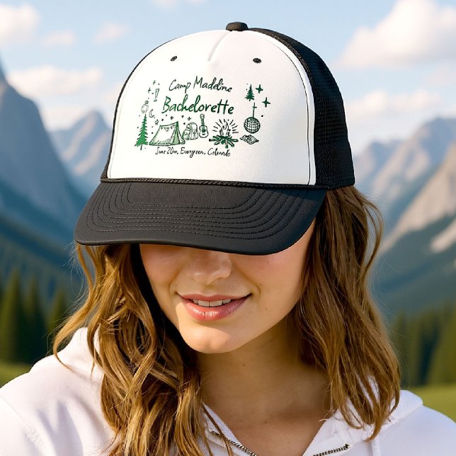 Gorra De Camionero Campamento Bachelorette Camping Mano dibujada en v (camp bachelorette trucker hat camping hand drawn written girls trip bach green glamping)