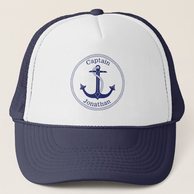 Gorra De Camionero Capitán de Ancla Azul Náutico Personalizado (Anverso)