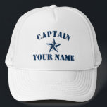 Gorra De Camionero Capitán de la estrella náutica nombre del barco de<br><div class="desc">Capitán de la estrella náutica nombre Sombrero de Camionero de Vela. Plantilla de tipografía audaz para nombre o presupuesto. Haz tu propio gorro personalizado para pasear en bote. Símbolo marítimo azul marino naval con texto personalizado. Idea de regalo de cumpleaños o Día del Padre de Guay para hombres. Haz el...</div>