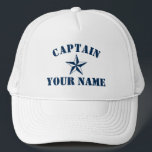 Gorra De Camionero Capitán de la estrella náutica nombre del barco de<br><div class="desc">Capitán de la estrella náutica nombre Sombrero de Camionero de Vela. Plantilla de tipografía audaz para nombre o presupuesto. Haz tu propio gorro personalizado para pasear en bote. Símbolo marítimo azul marino naval con texto personalizado. Idea de regalo de cumpleaños o Día del Padre de Guay para hombres. Haz el...</div>