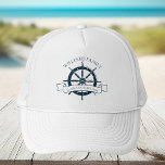 Gorra De Camionero Capitán del barco de personalizado Ocean Cruise Va<br><div class="desc">Moda personalizado gorra de vacaciones de verano para su crucero en el océano con un volante de barco azul marino. Este gorra de temática náutica es perfecto para hacer correspondencias con las reservas familiares para conmemorar el viaje especial o para un capitán de barco. Personaliza con tu apellido y año....</div>