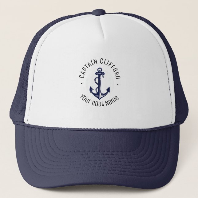 Gorra De Camionero Capitán personalizado Nombre Bote Nautical Anchor  (Anverso)