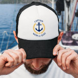 Gorra De Camionero Capitán Su Nombre De Barco Anchor Estrella De Laur<br><div class="desc">Un sombrero de camionero personalizado con rango de capitán u otro título y su nombre de barco,  apellido u otro texto deseado. Con un ancla náutica diseñado por un personalizado,  hojas de laurel de estilo dorado y emblema de estrellas. Hace un gran regalo para cualquier ocasión.</div>