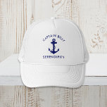 Gorra De Camionero Capturas clásicas de los anclajes de barco<br><div class="desc">El gorra del capitán del barco de temática náutica presenta un ilustracion de un ancla azul marino clásico y su nombre y el nombre del barco con elegantes letras azul marino.</div>