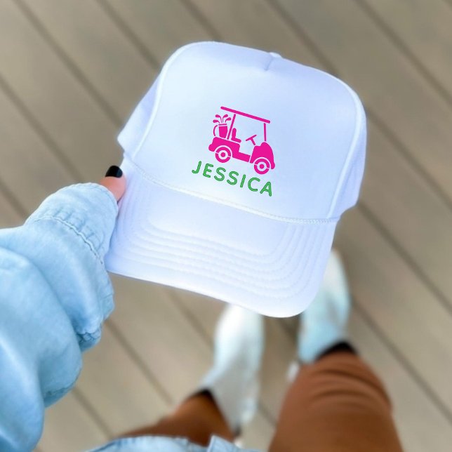 Gorra De Camionero Carro de golf personalizado rosa (Pink Personalized Golf Cart Trucker Hat)
