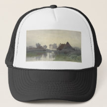 Casas Boer en el agua en la niebla matutina