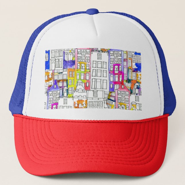 Gorra De Camionero Casas de Amsterdam: Patrón Seamless de acuarela (Anverso)